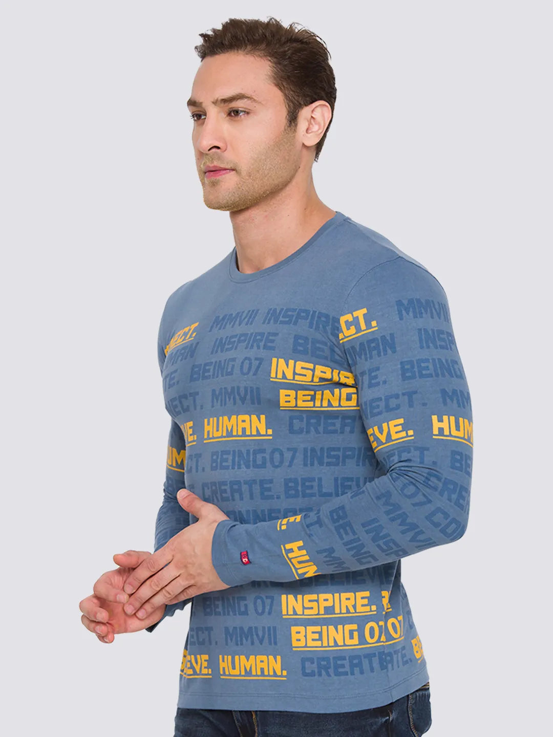 Blue Slim Straight Fit Men's Long Sleeves T-Shirt by Being Human Clothing