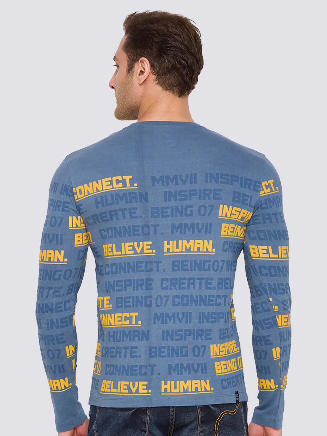 Blue Slim Straight Fit Men's Long Sleeves T-Shirt by Being Human Clothing