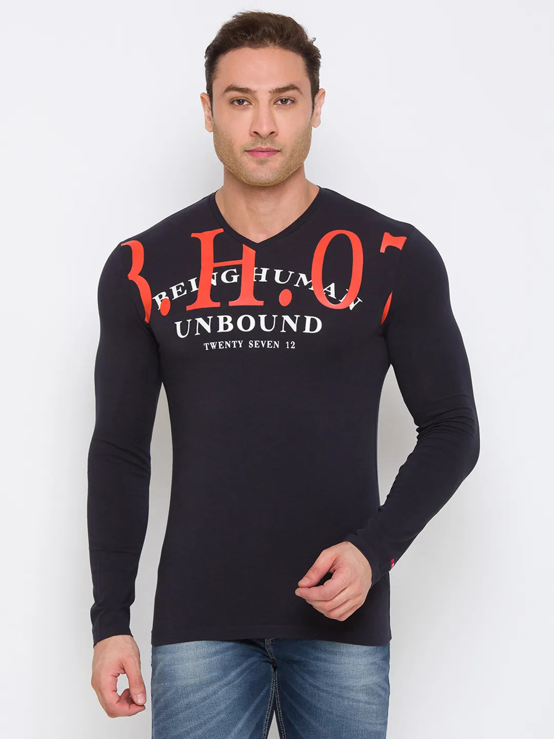 Men Regular Fit Crew Neck T-Shirts-Black by Being Human Clothing