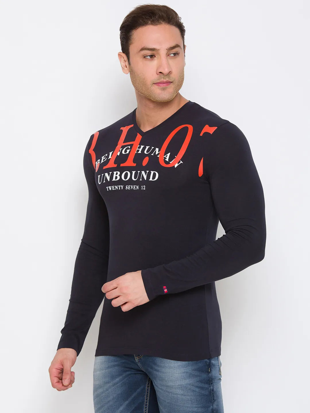 Men Regular Fit Crew Neck T-Shirts-Black by Being Human Clothing