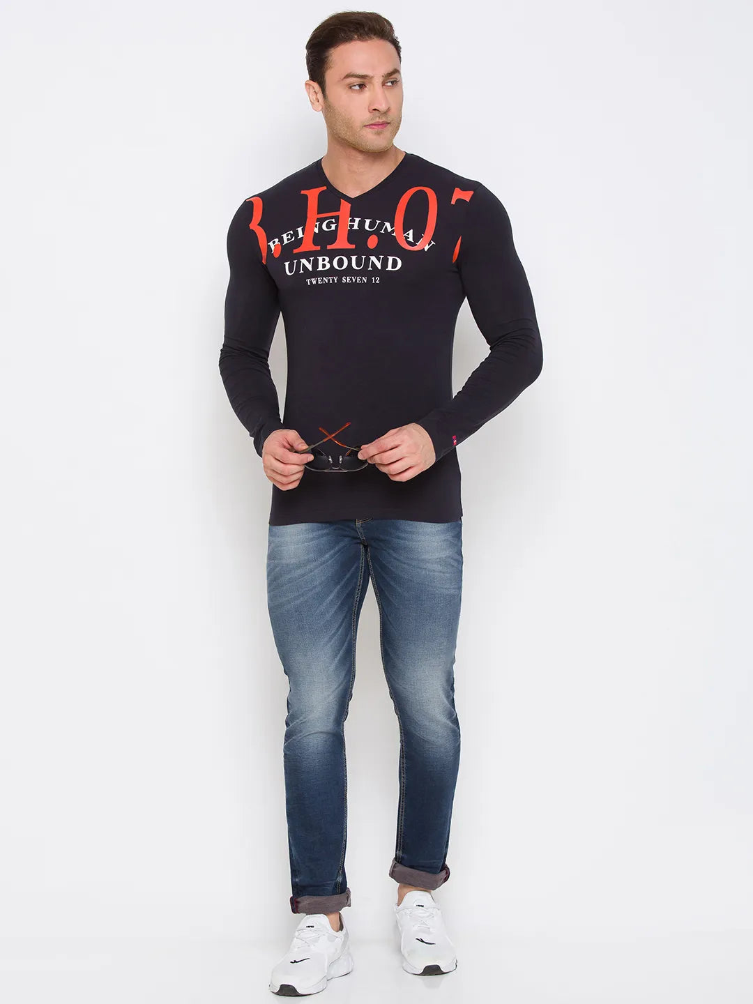 Men Regular Fit Crew Neck T-Shirts-Black by Being Human Clothing