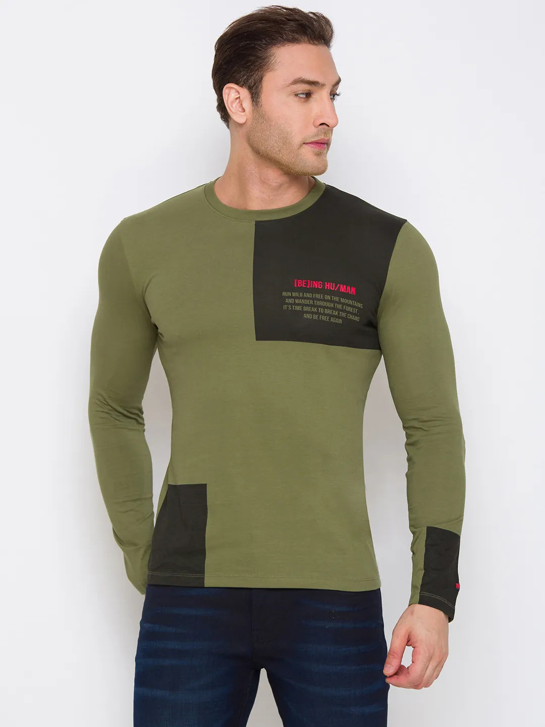 Green Regular Fit Men's Long Sleeves T-Shirt by Being Human Clothing