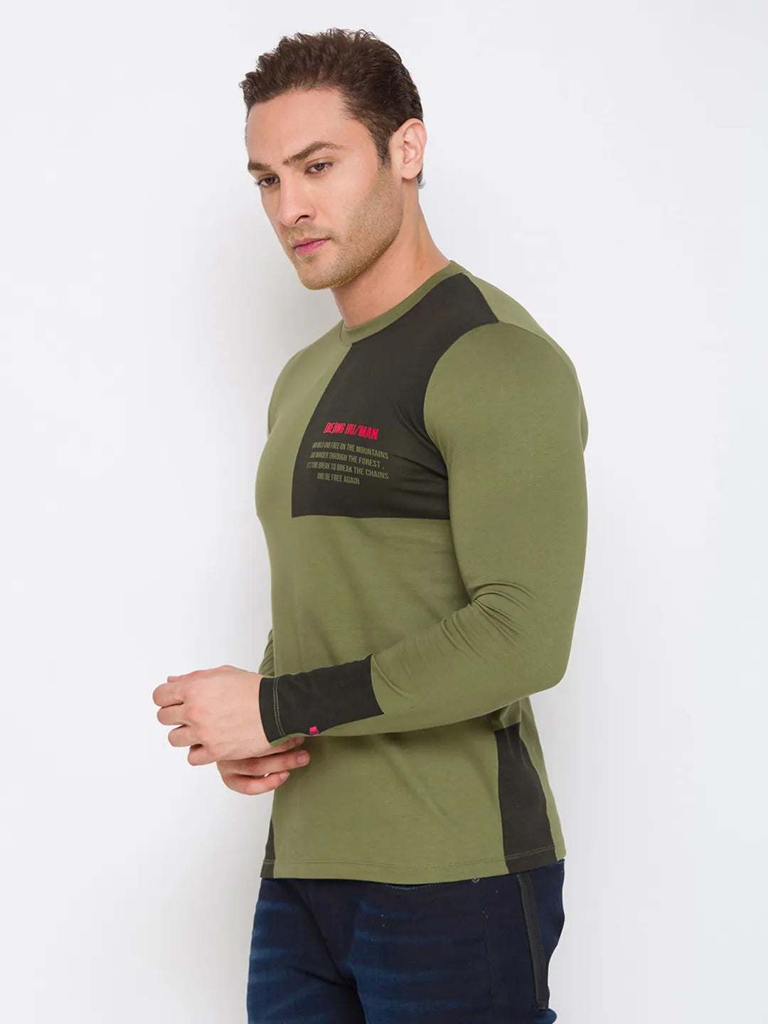 Green Regular Fit Men's Long Sleeves T-Shirt by Being Human Clothing
