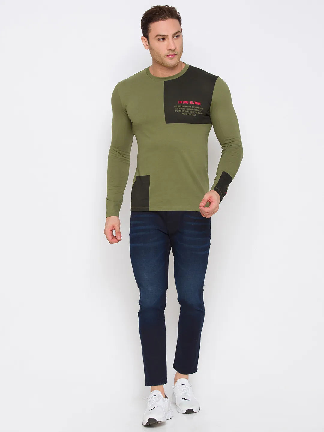 Green Regular Fit Men's Long Sleeves T-Shirt by Being Human Clothing