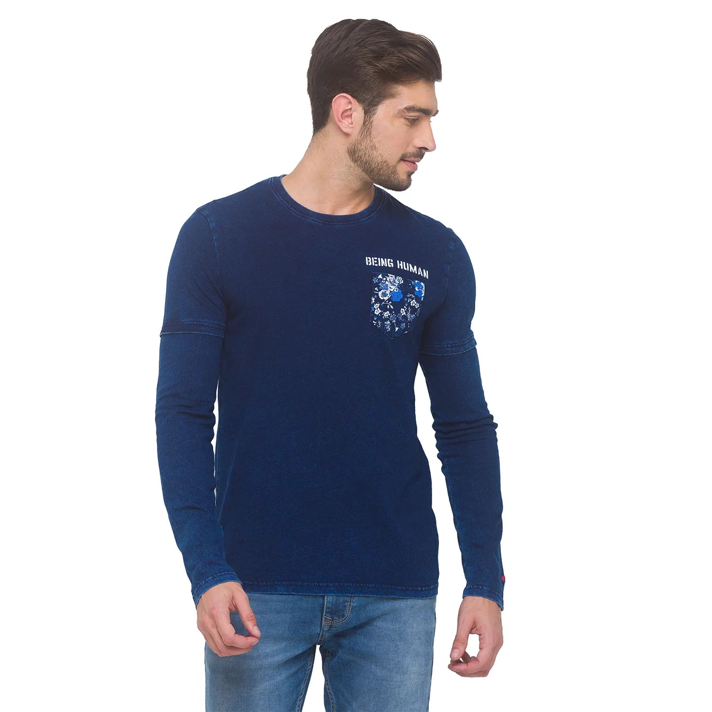 Blue Regular Fit Men's Long Sleeves T-Shirt by Being Human Clothing