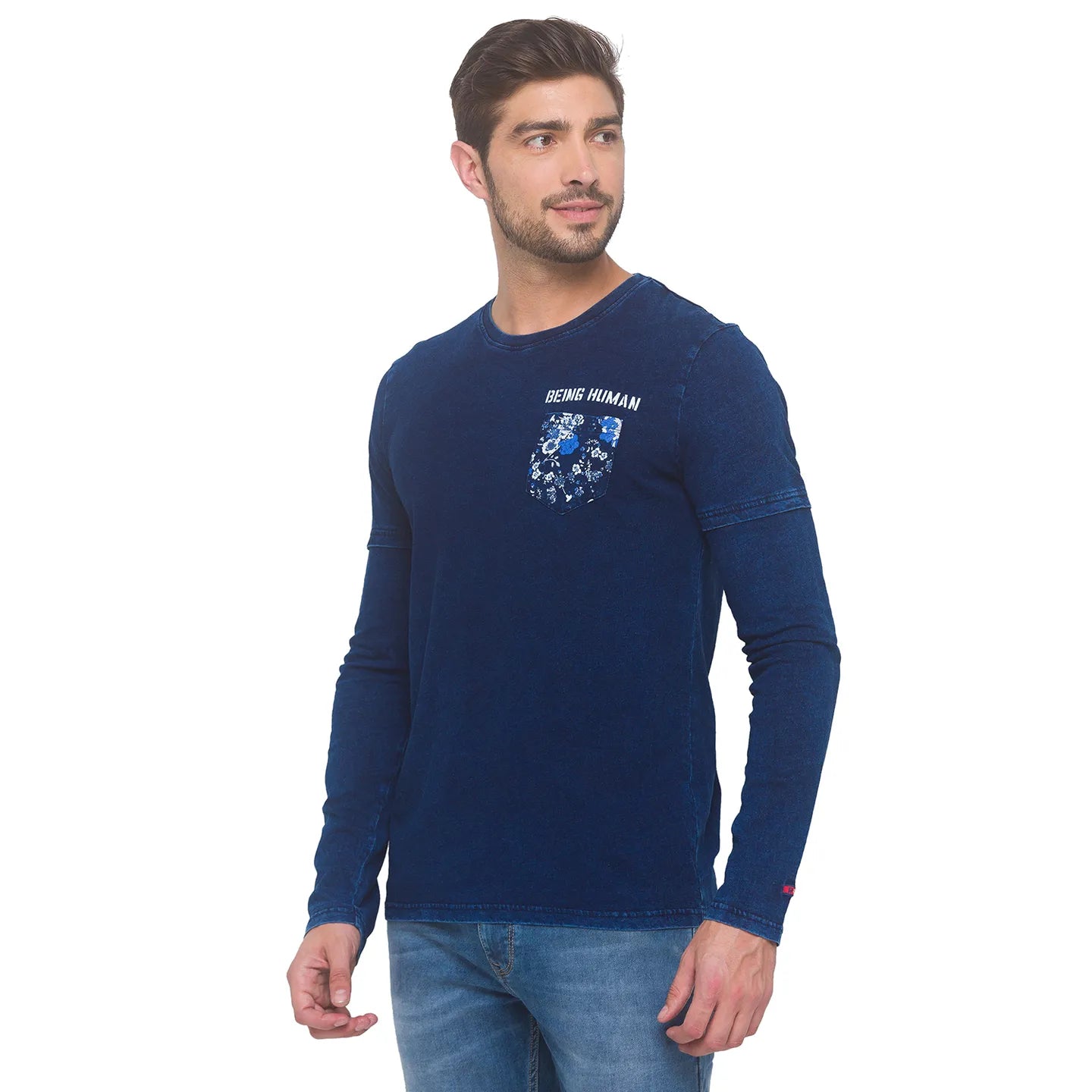 Blue Regular Fit Men's Long Sleeves T-Shirt by Being Human Clothing