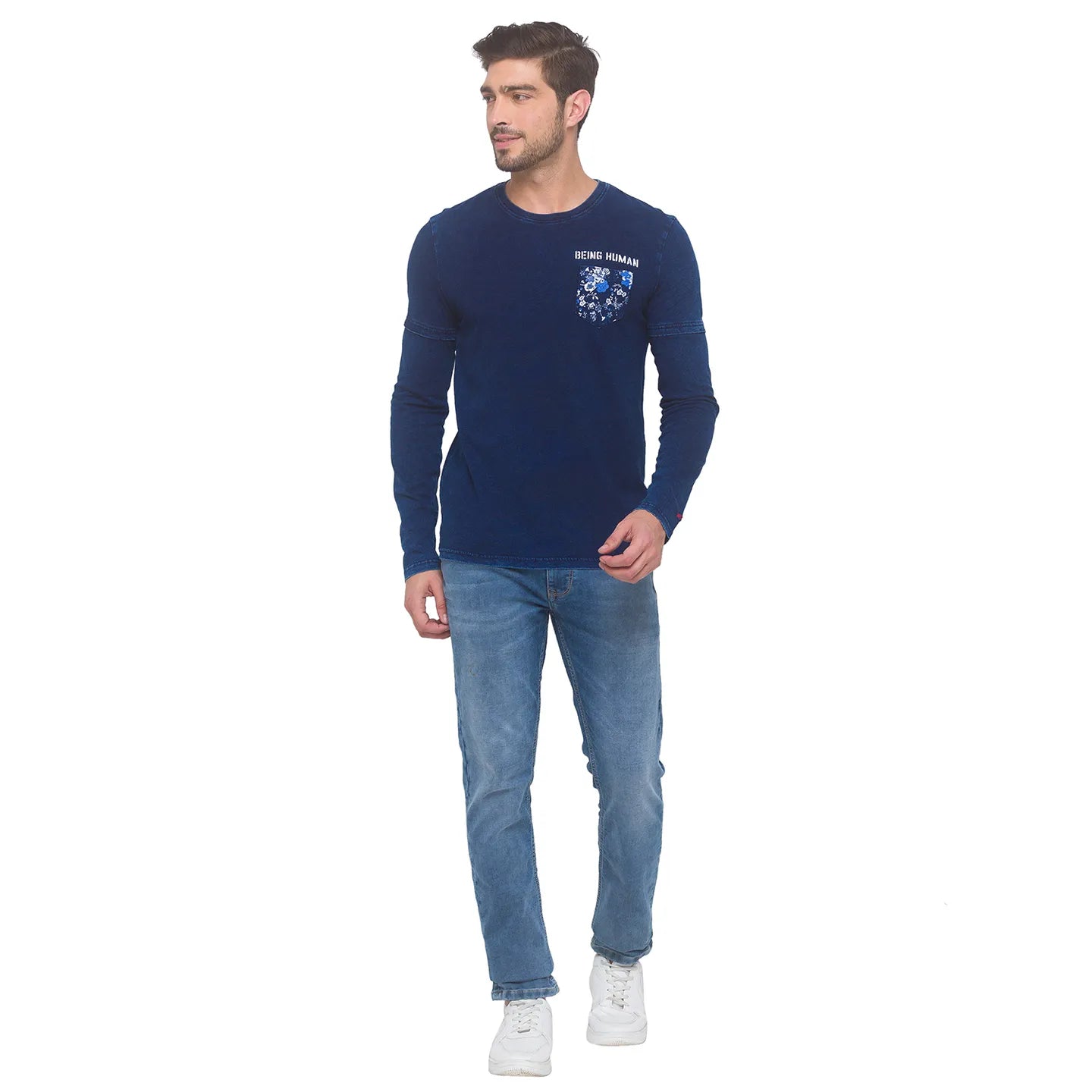 Blue Regular Fit Men's Long Sleeves T-Shirt by Being Human Clothing