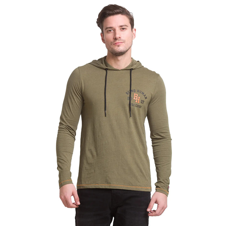 Dark Olive Regular Fit Hooded Neck Men's T-Shirt by Being Human Clothing