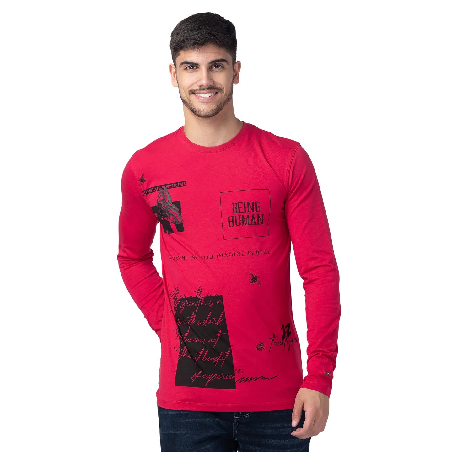 Red Regular Fit Men's Long Sleeves T-Shirt by Being Human Clothing