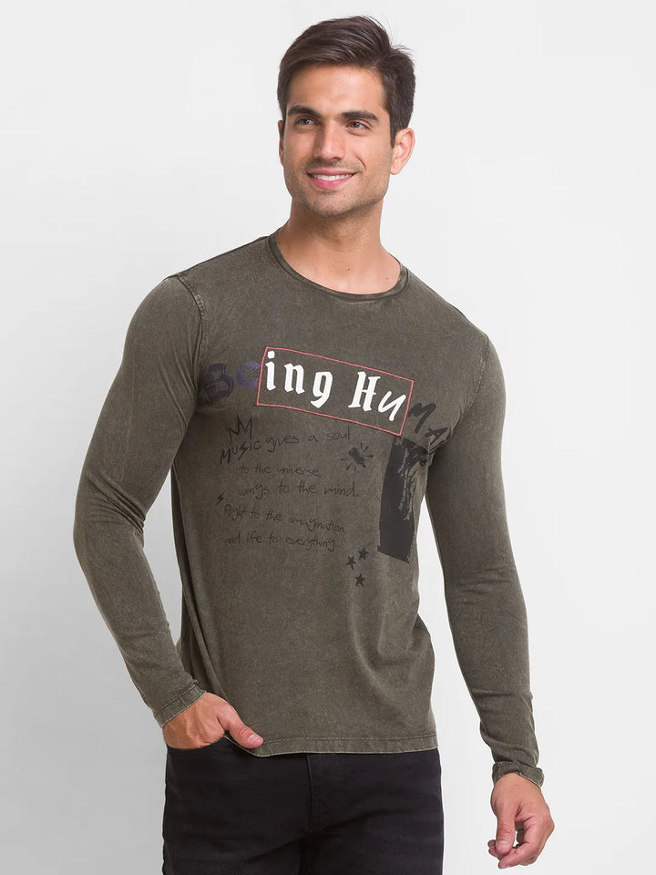 Dull Olive Slim Fit Men's Long Sleeves T-Shirt by Being Human Clothing