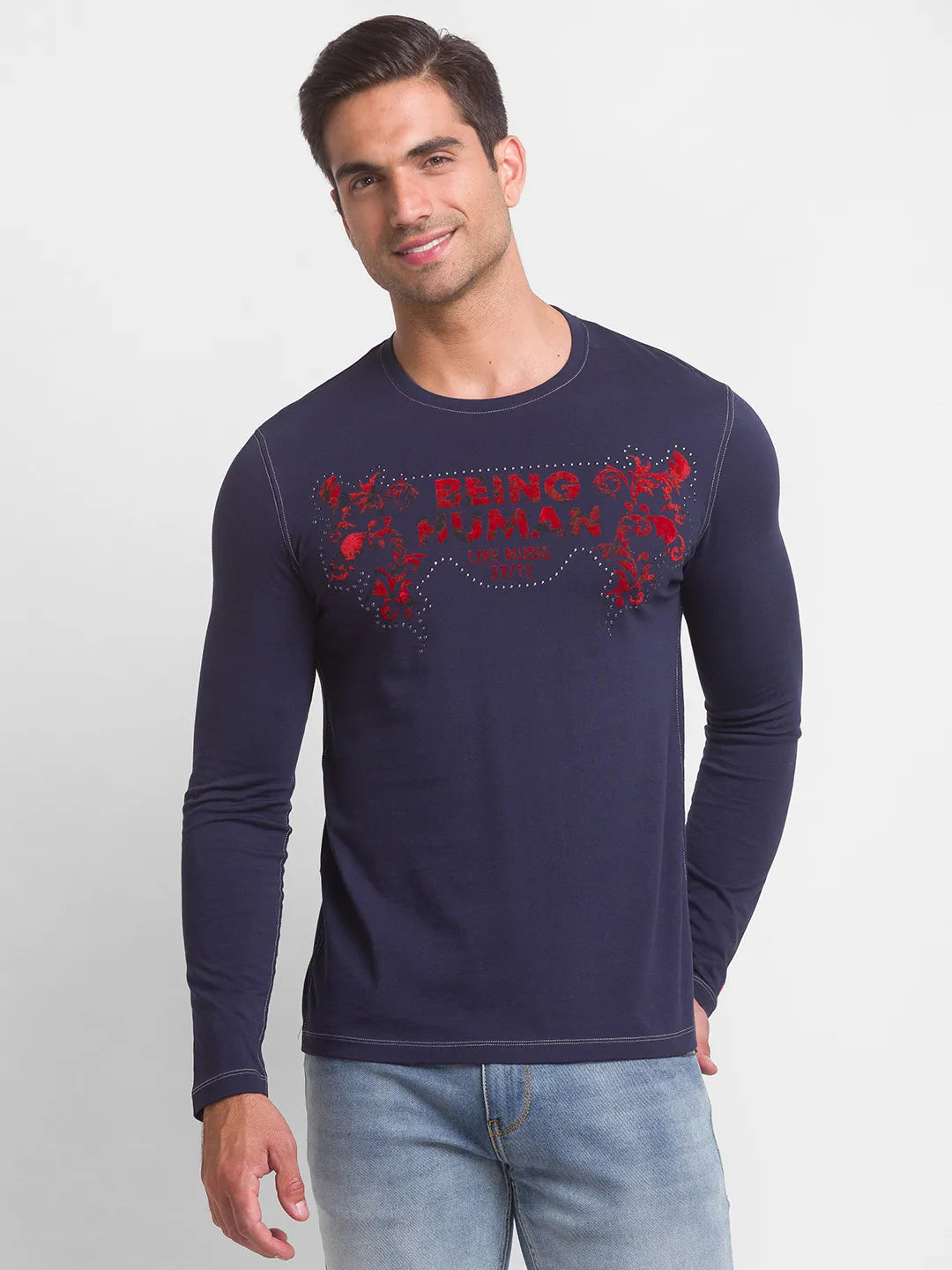 Being Human Clothing Men Slim Fit Crew Neck T-Shirts-Navy
