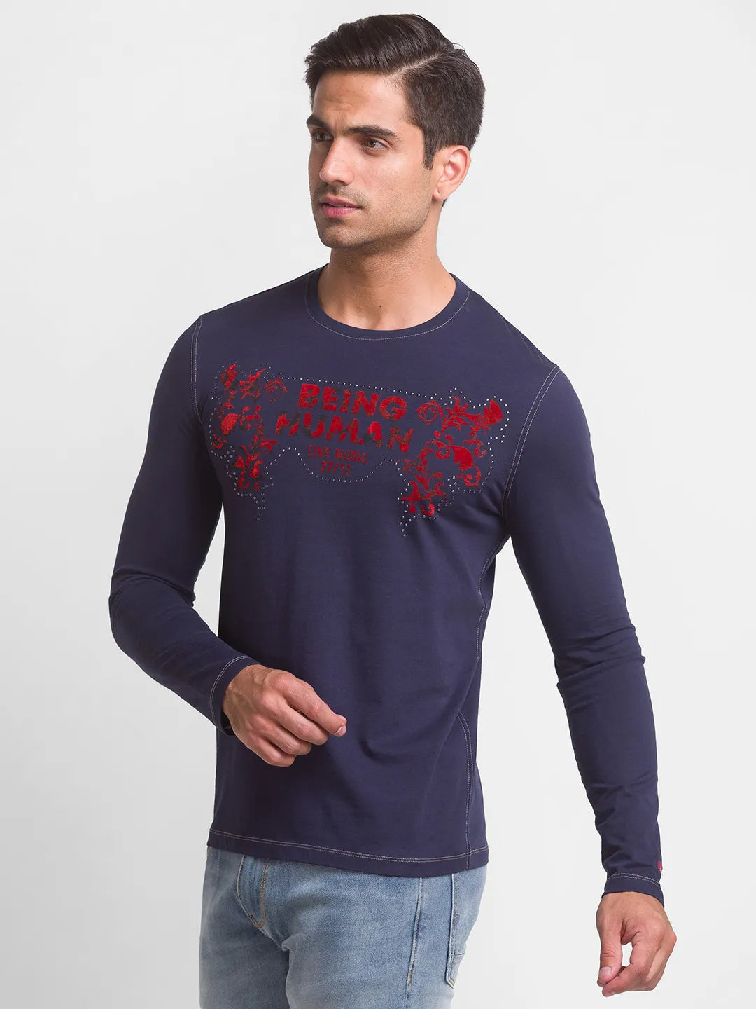 Being Human Clothing Men Slim Fit Crew Neck T-Shirts-Navy