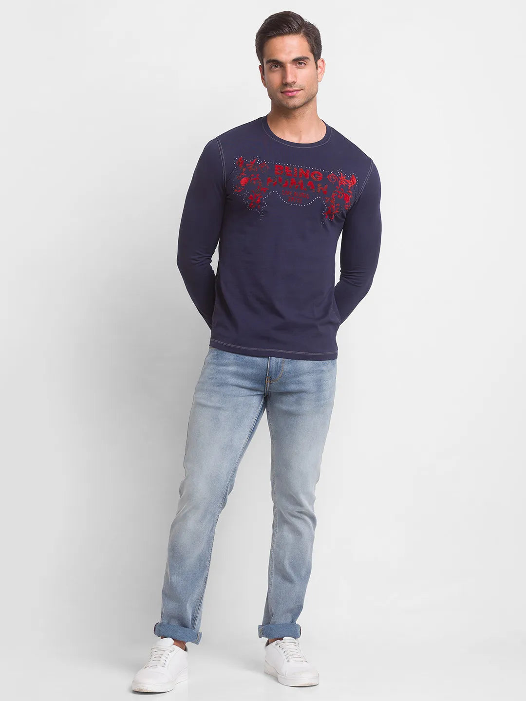 Being Human Clothing Men Slim Fit Crew Neck T-Shirts-Navy