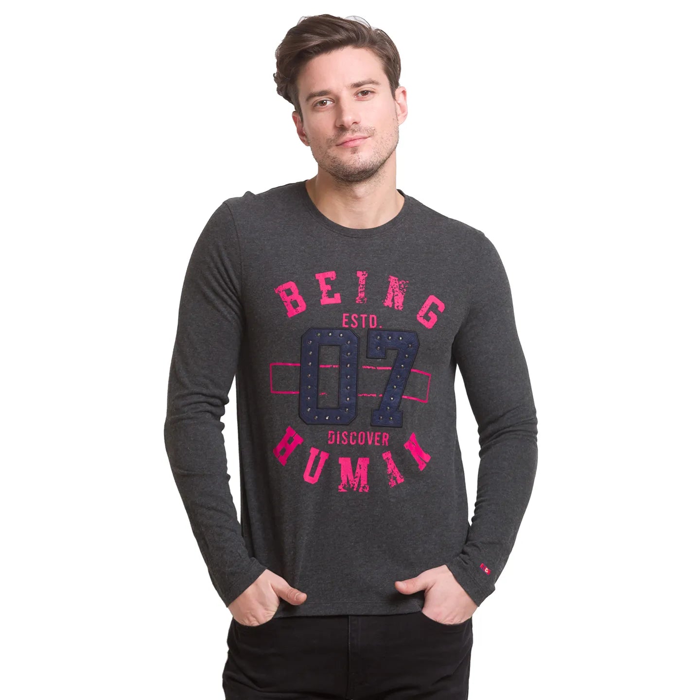 Being Human Clothing Men Slim Fit Crew Neck T-Shirts-Anthra Melange