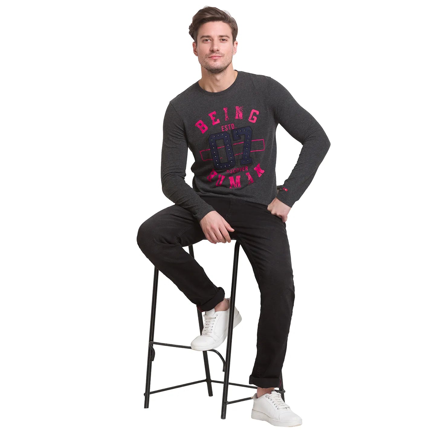 Being Human Clothing Men Slim Fit Crew Neck T-Shirts-Anthra Melange