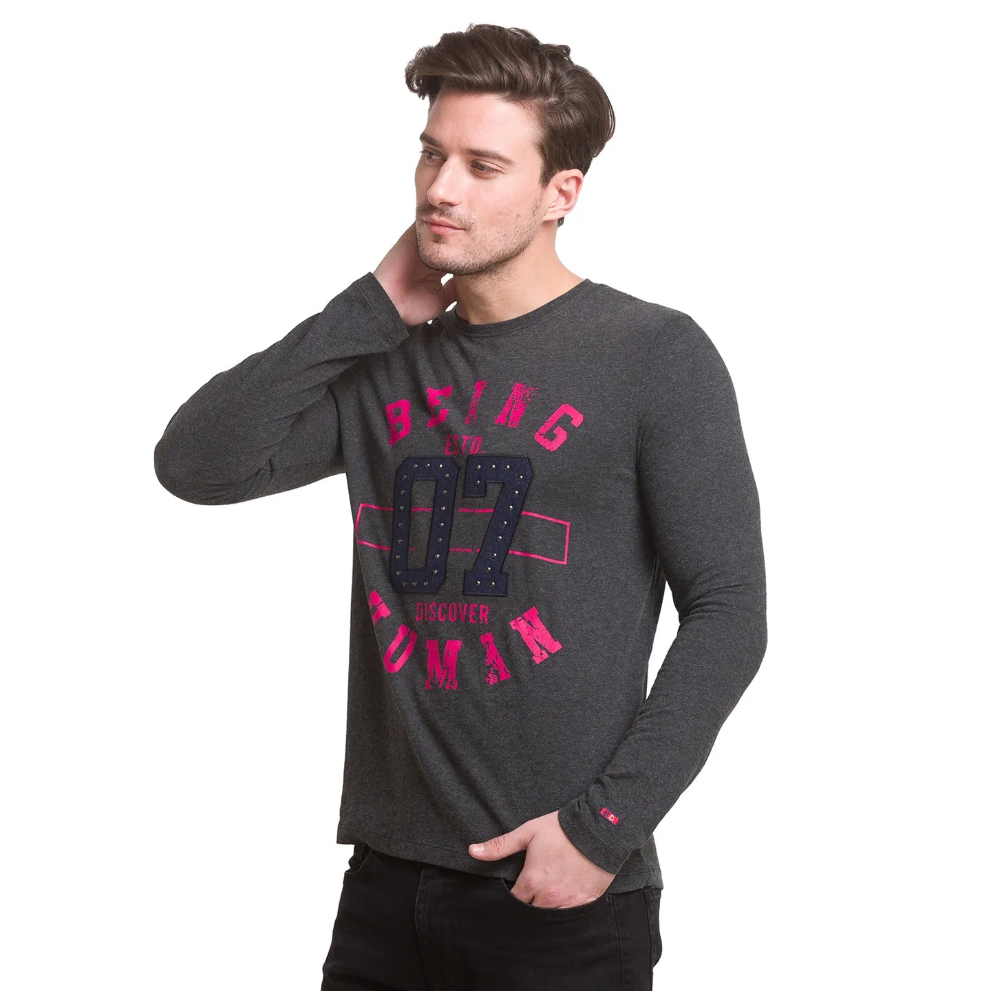 Being Human Clothing Men Slim Fit Crew Neck T-Shirts-Anthra Melange