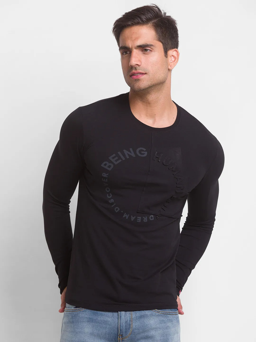 Black Slim Straight Fit Men's Long Sleeves T-Shirt by Being Human Clothing