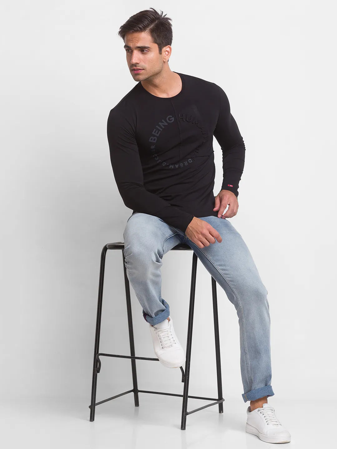 Black Slim Straight Fit Men's Long Sleeves T-Shirt by Being Human Clothing