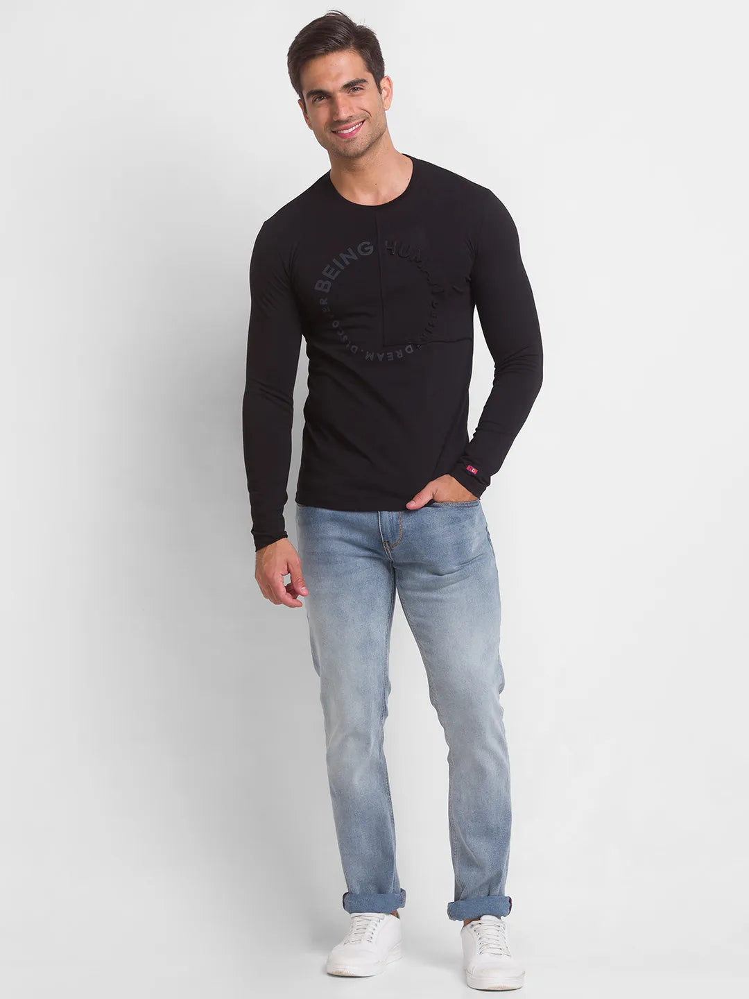 Black Slim Straight Fit Men's Long Sleeves T-Shirt by Being Human Clothing
