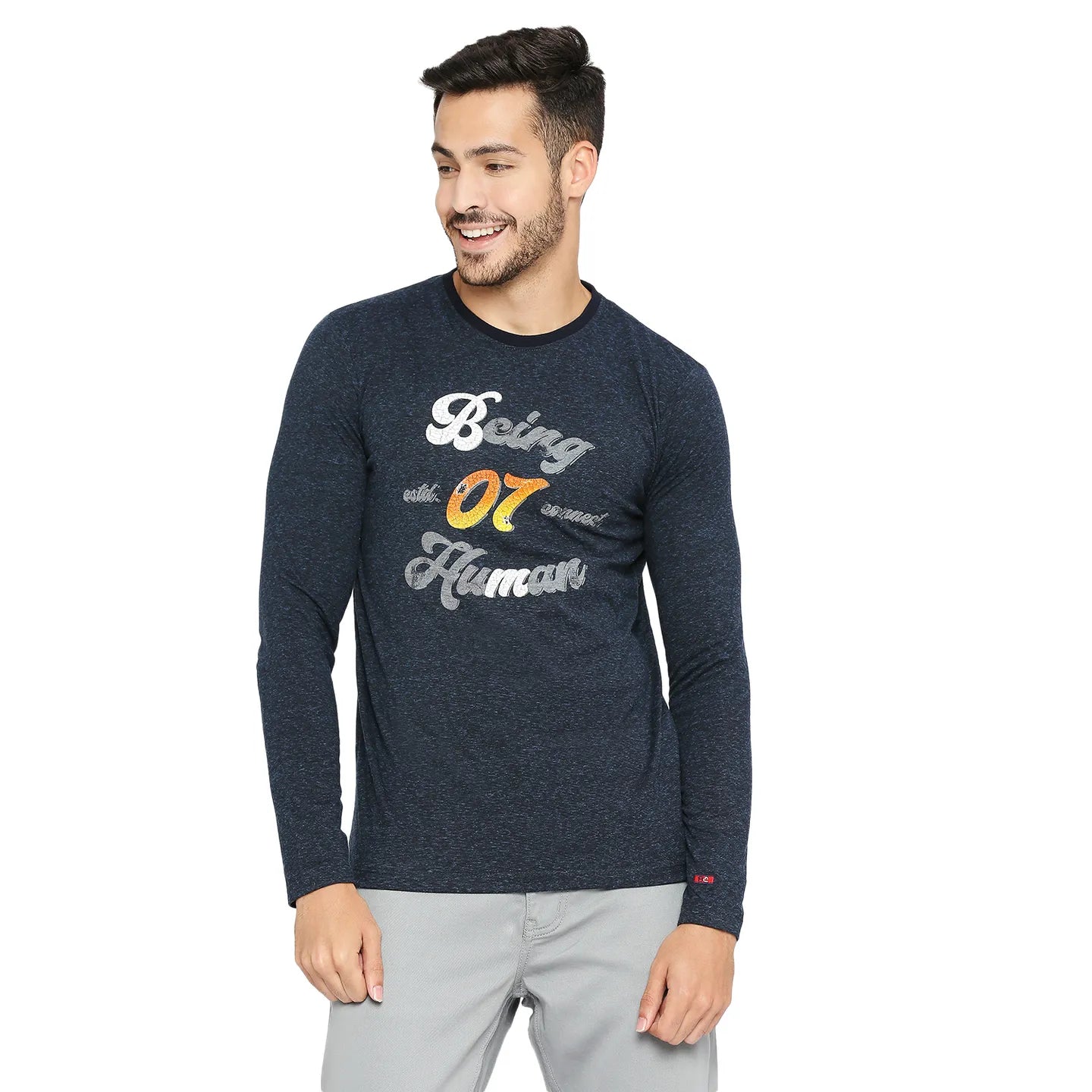 Blue Slim Straight Fit Men's Long Sleeves T-Shirt by Being Human Clothing