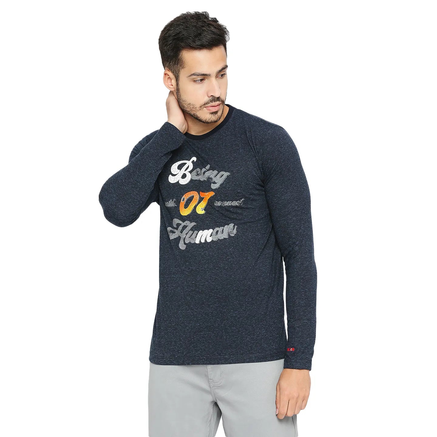 Blue Slim Straight Fit Men's Long Sleeves T-Shirt by Being Human Clothing