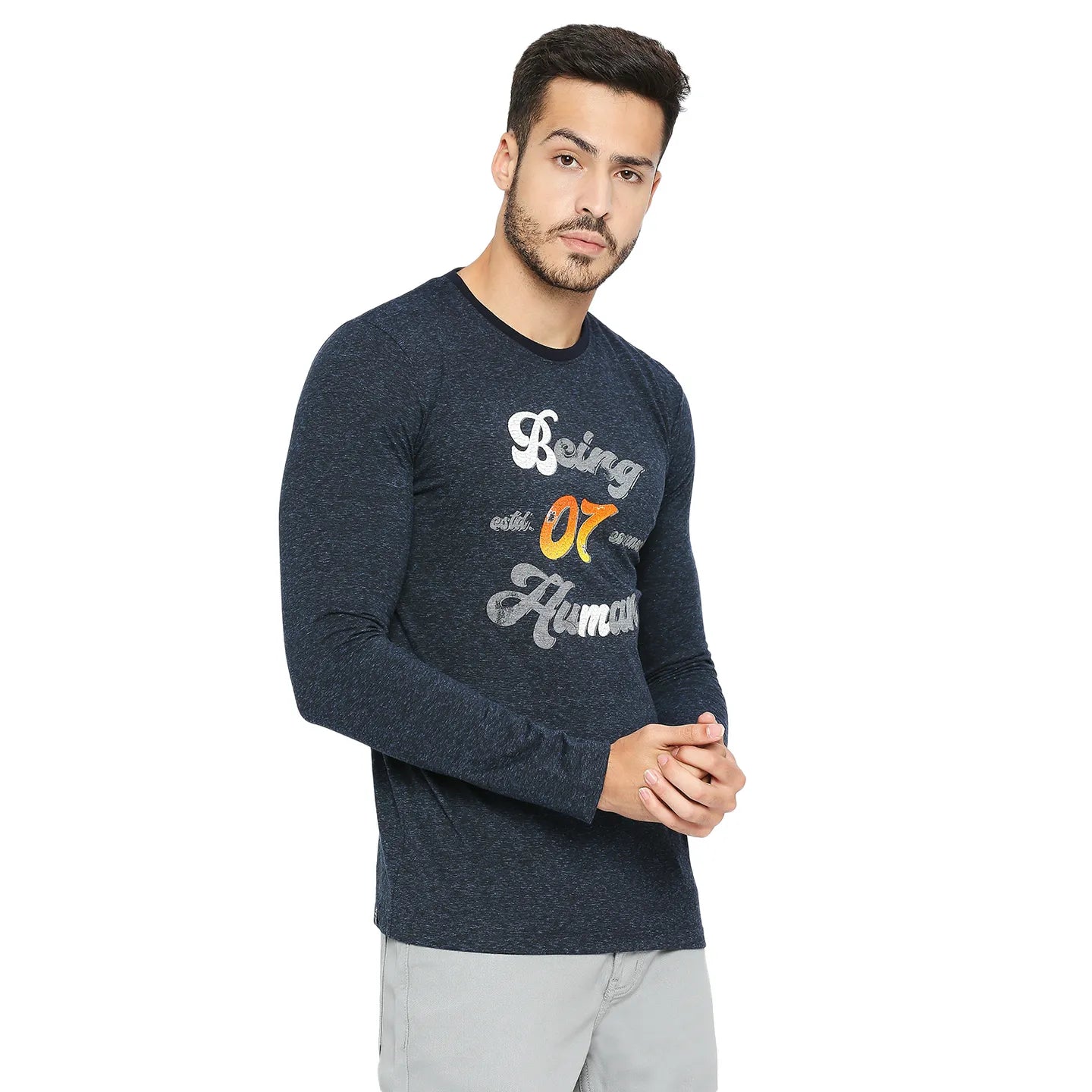 Blue Slim Straight Fit Men's Long Sleeves T-Shirt by Being Human Clothing