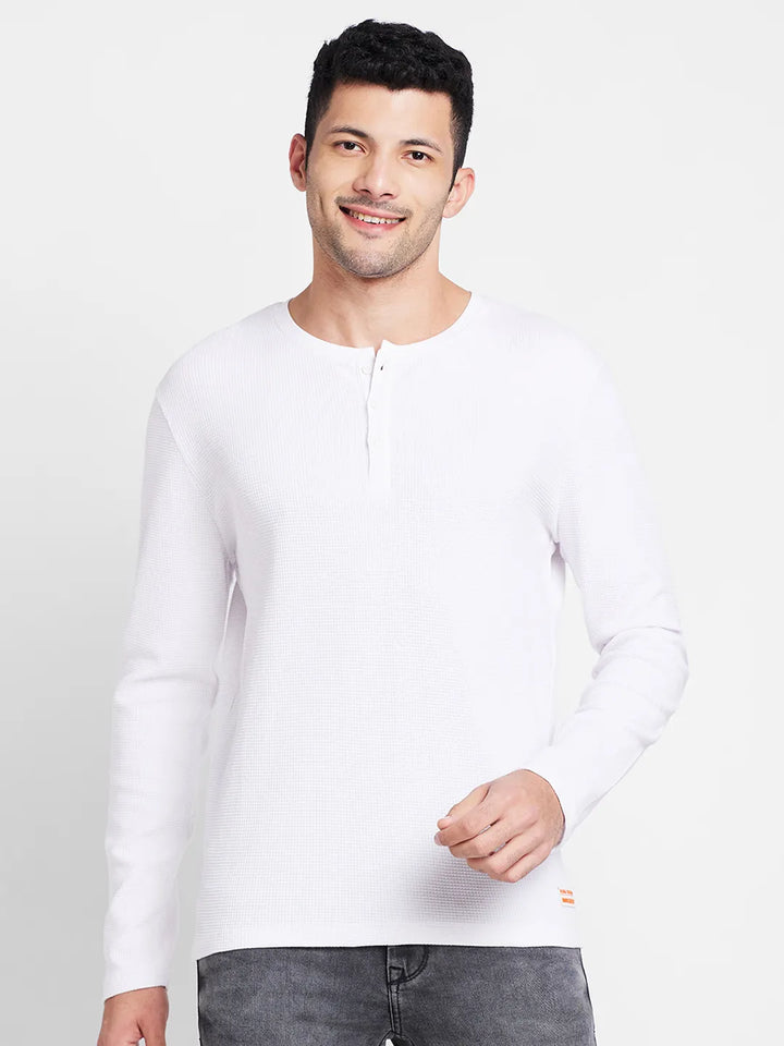 White Regular Fit Men's Long Sleeves Henley Neck T-Shirt by Being Human Clothing