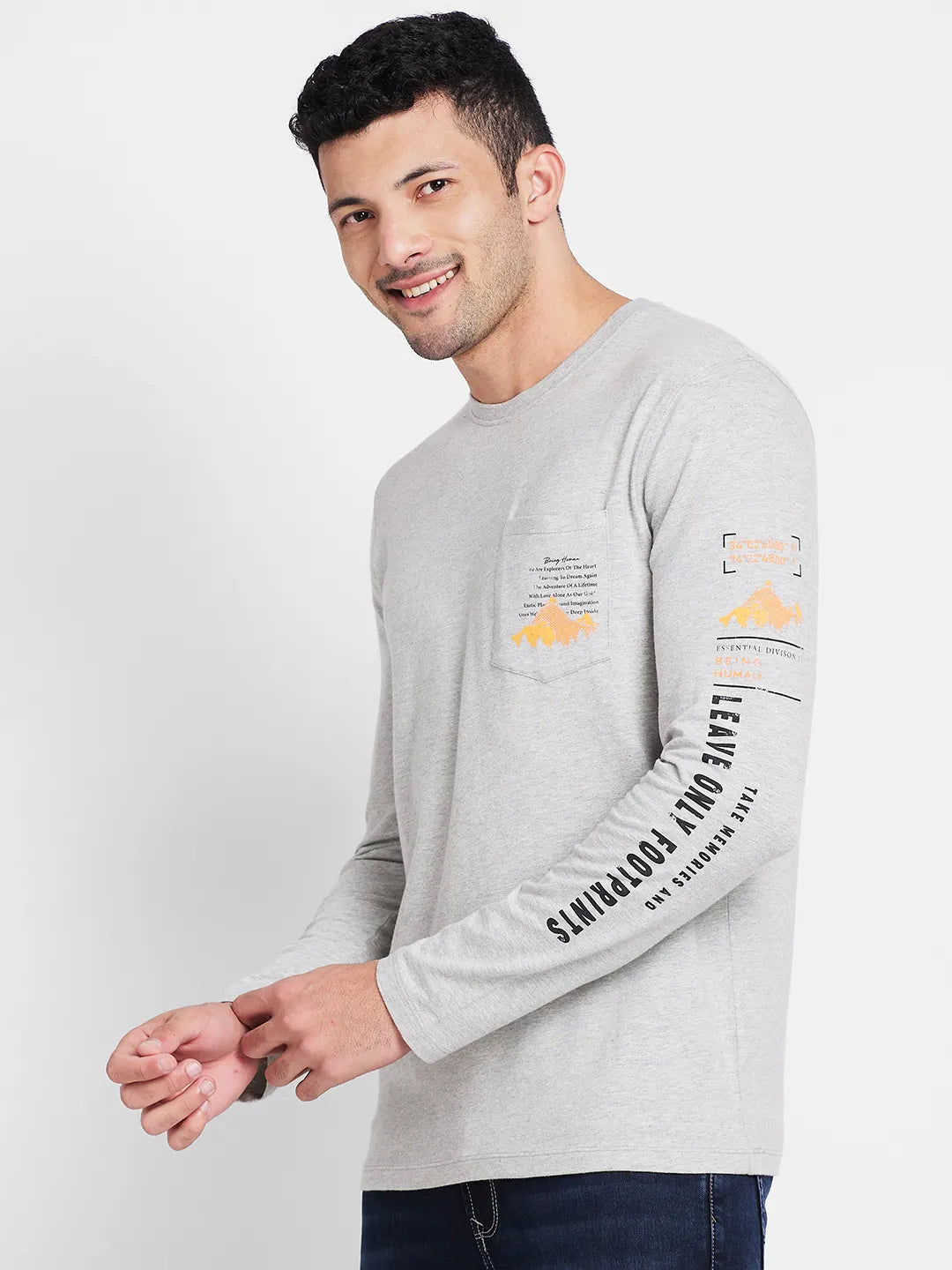 Grey Melange Regular Fit Round Neck Men's T-Shirt by Being Human Clothing