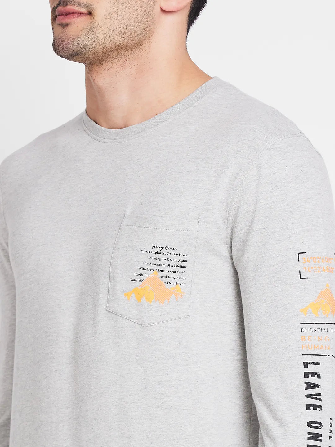 Grey Melange Regular Fit Round Neck Men's T-Shirt by Being Human Clothing