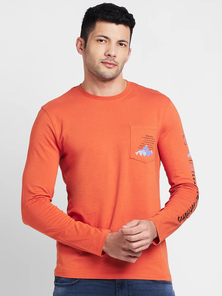 Rust Regular Fit Full Sleeves Round Neck Men's T-Shirt by Being Human Clothing