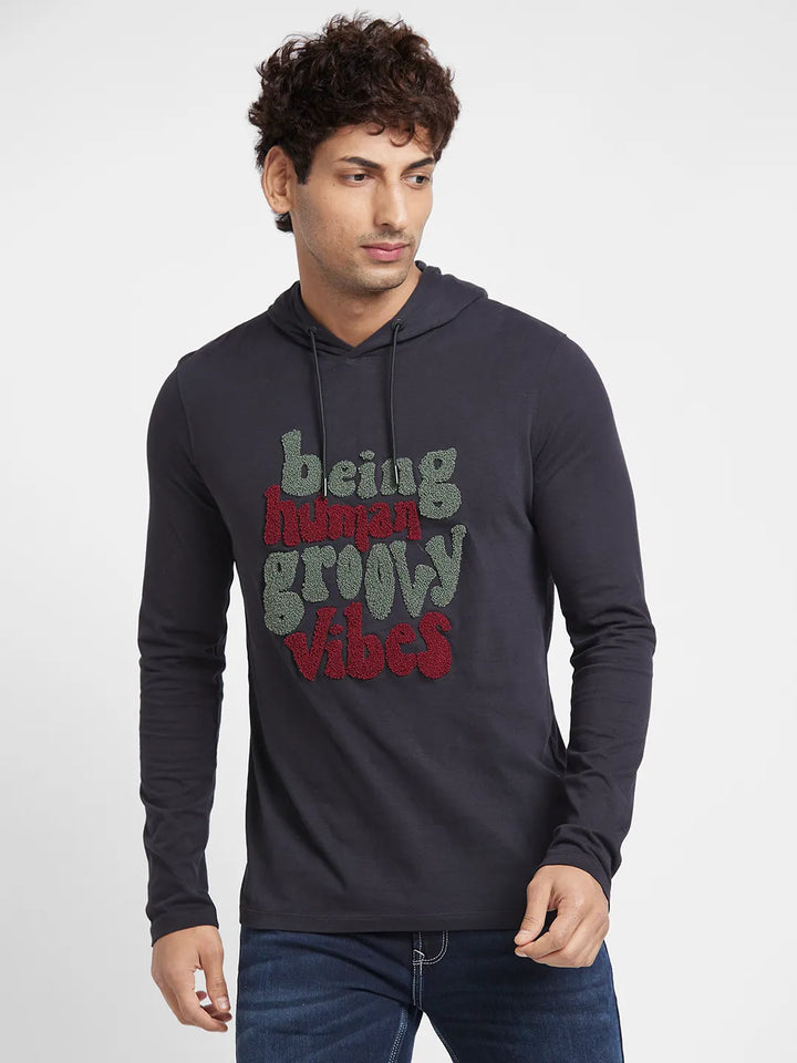 Black Regular Fit Hooded Neck Men's T-Shirt by Being Human Clothing