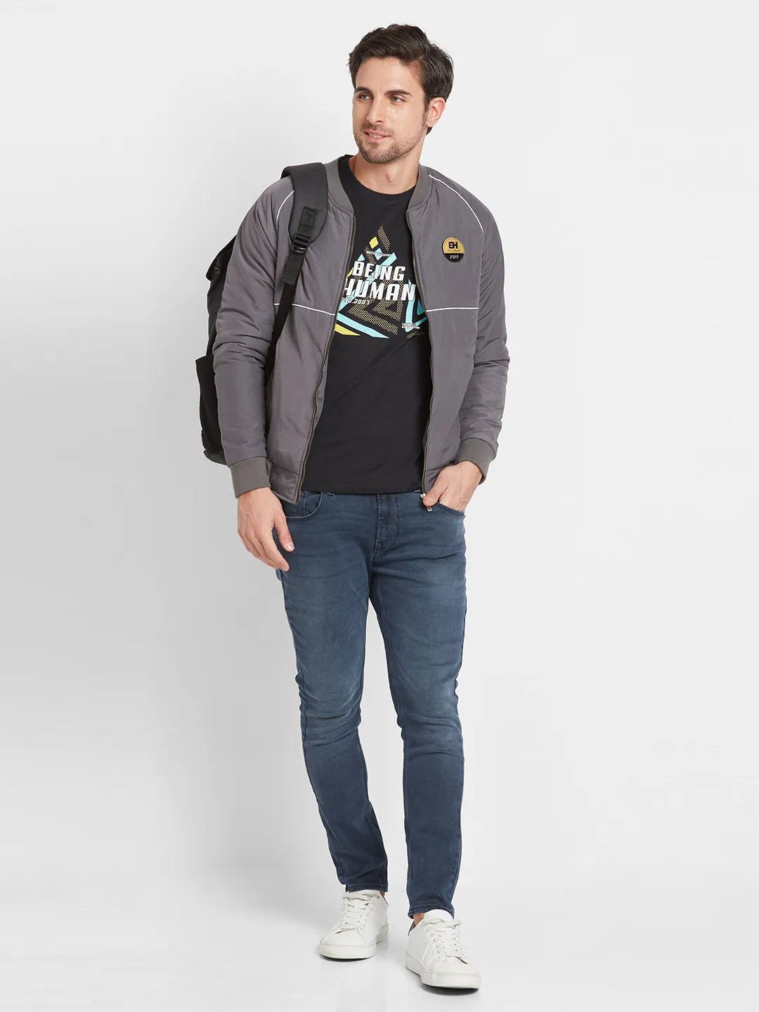 Grey Regular Fit Men's Long Sleeves T-Shirt by Being Human Clothing