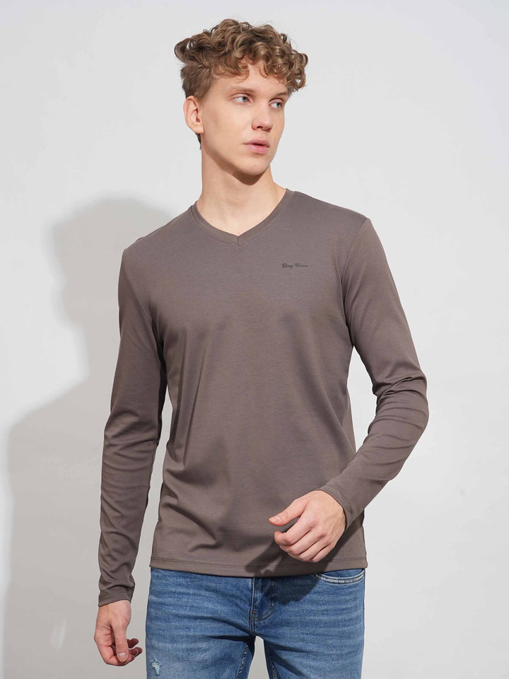 Grey Slim Fit V Neck Men's T-Shirt by Being Human Clothing