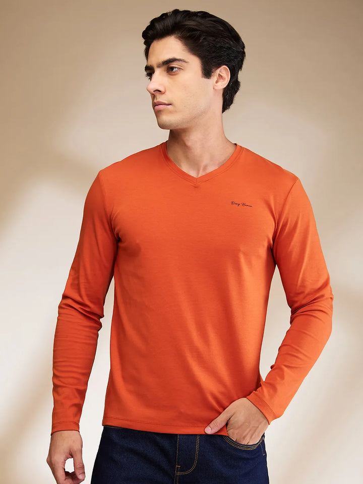 Orange Slim Fit Men's Long Sleeves T-Shirt by Being Human Clothing