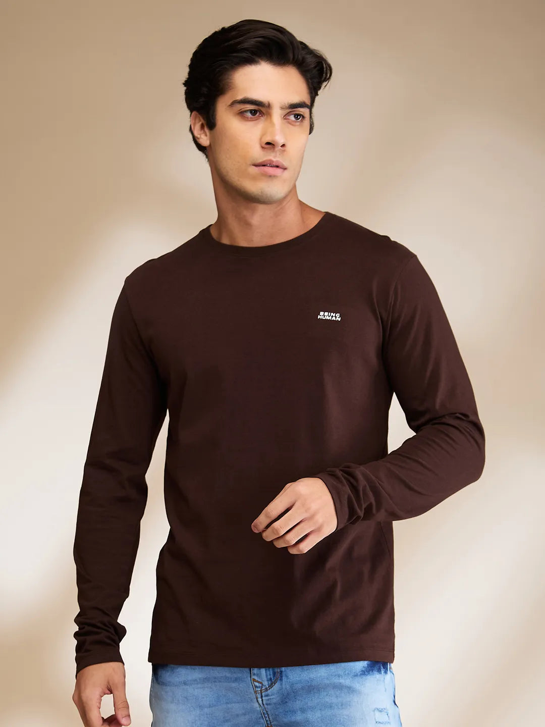 Brown Regular Fit Men's Long Sleeves T-Shirt by Being Human Clothing