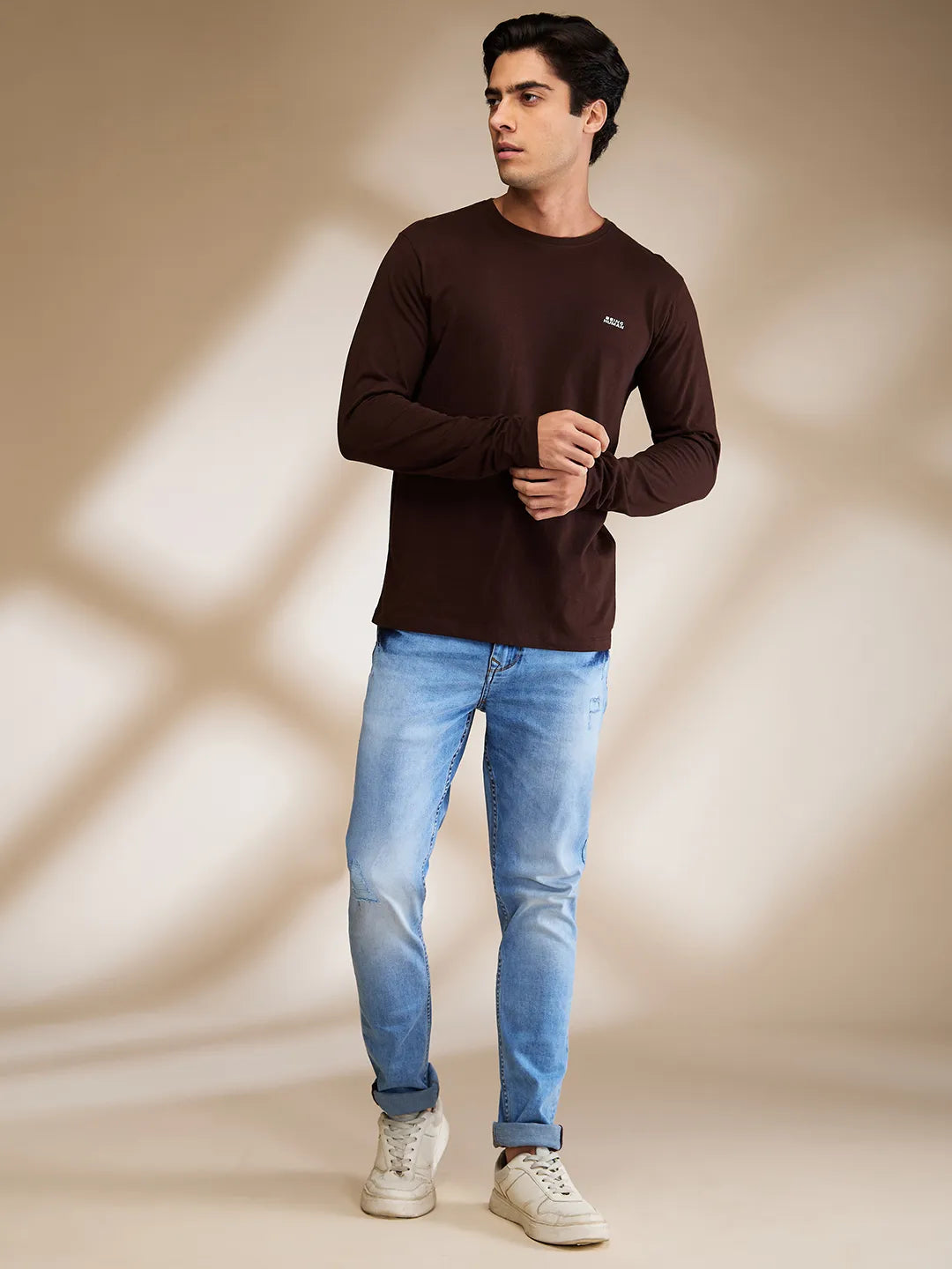Brown Regular Fit Men's Long Sleeves T-Shirt by Being Human Clothing
