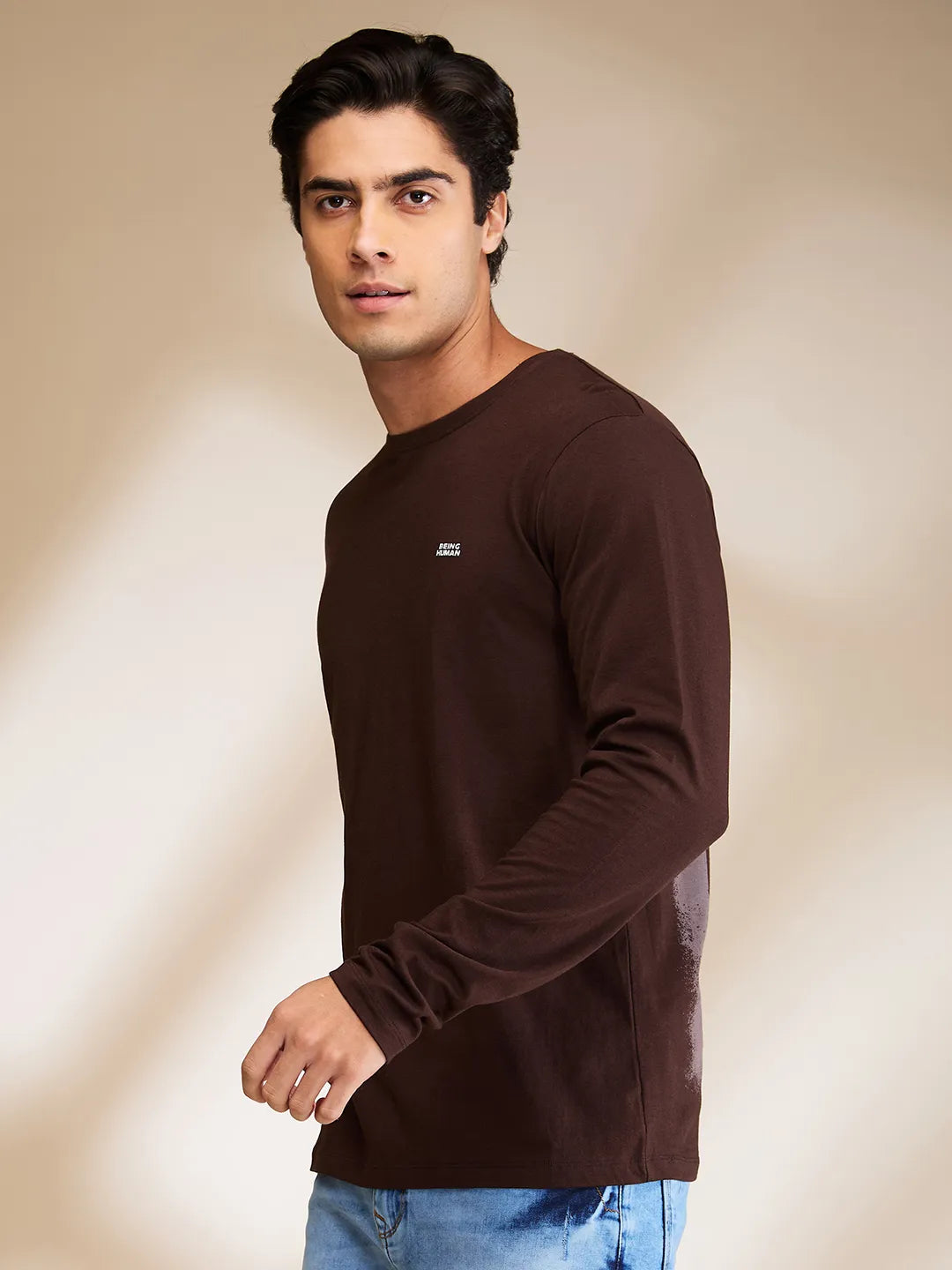 Brown Regular Fit Men's Long Sleeves T-Shirt by Being Human Clothing