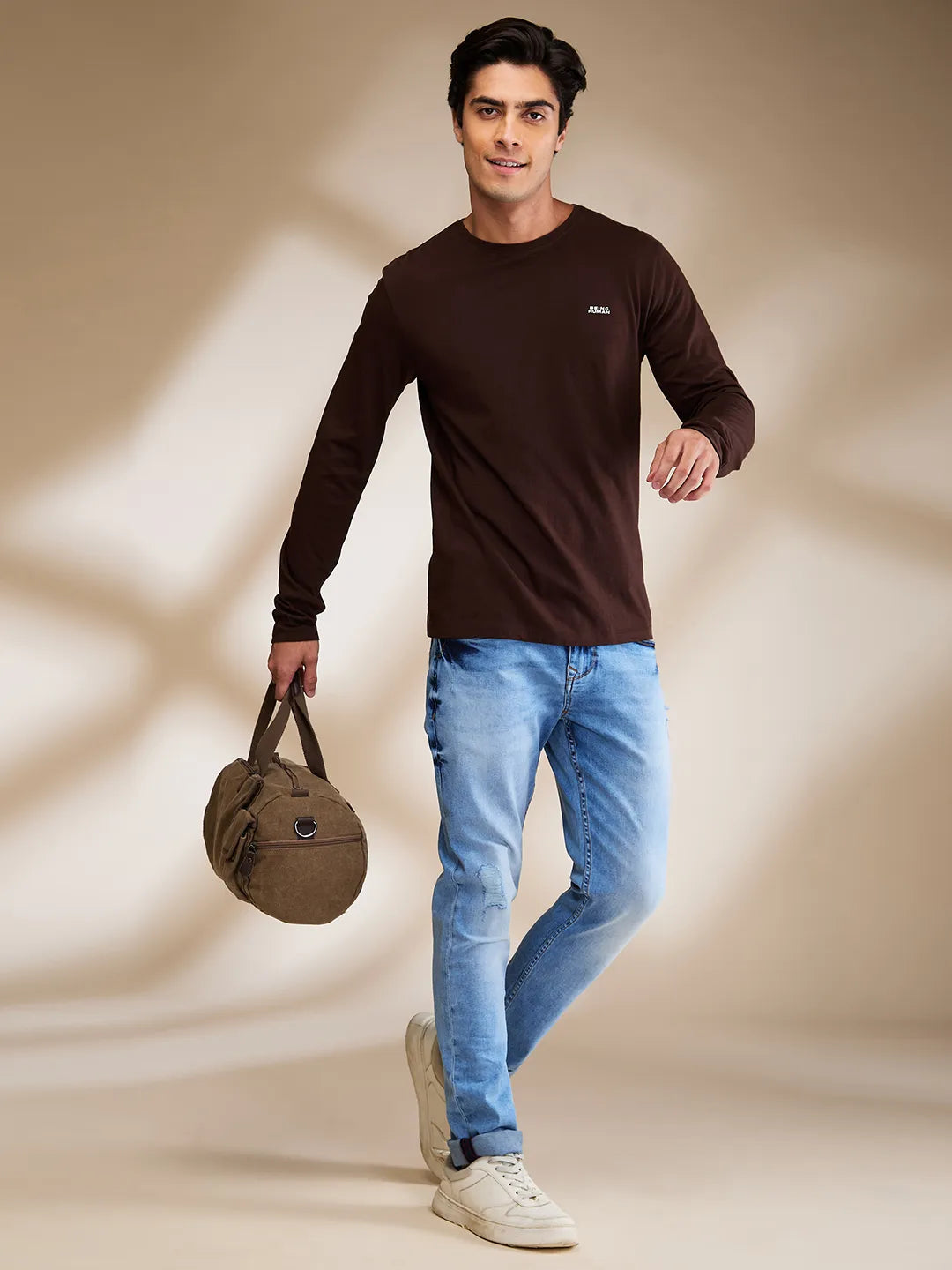 Brown Regular Fit Men's Long Sleeves T-Shirt by Being Human Clothing