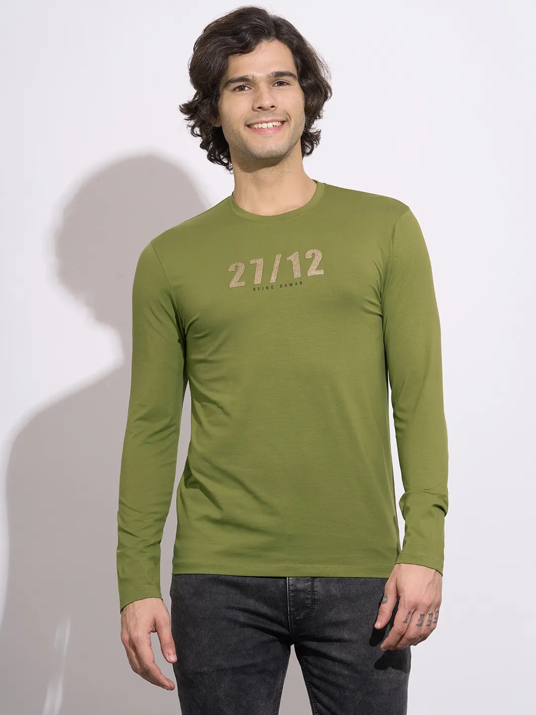 Men's Olive Typographic Print Crew Neck T-Shirt by Being Human Clothing