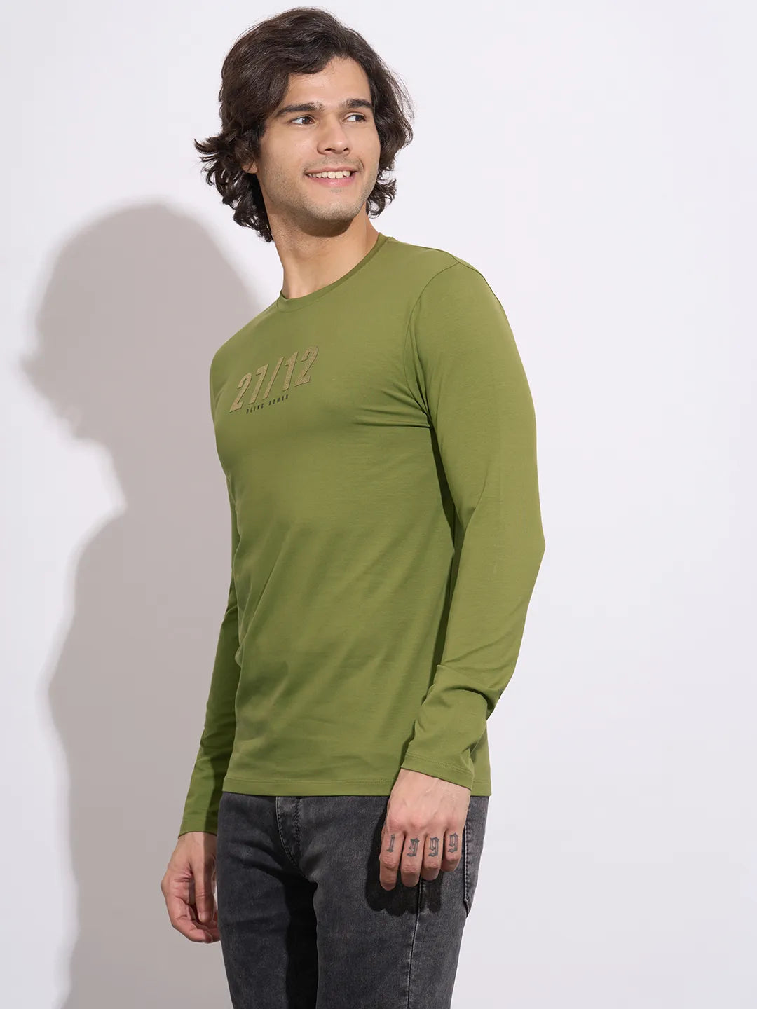 Men's Olive Typographic Print Crew Neck T-Shirt by Being Human Clothing