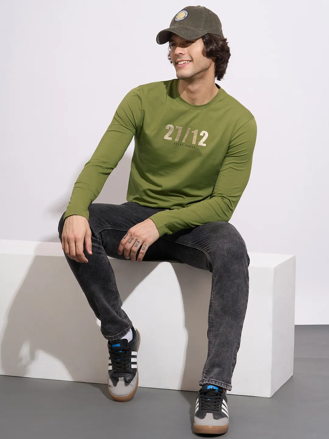 Men's Olive Typographic Print Crew Neck T-Shirt by Being Human Clothing