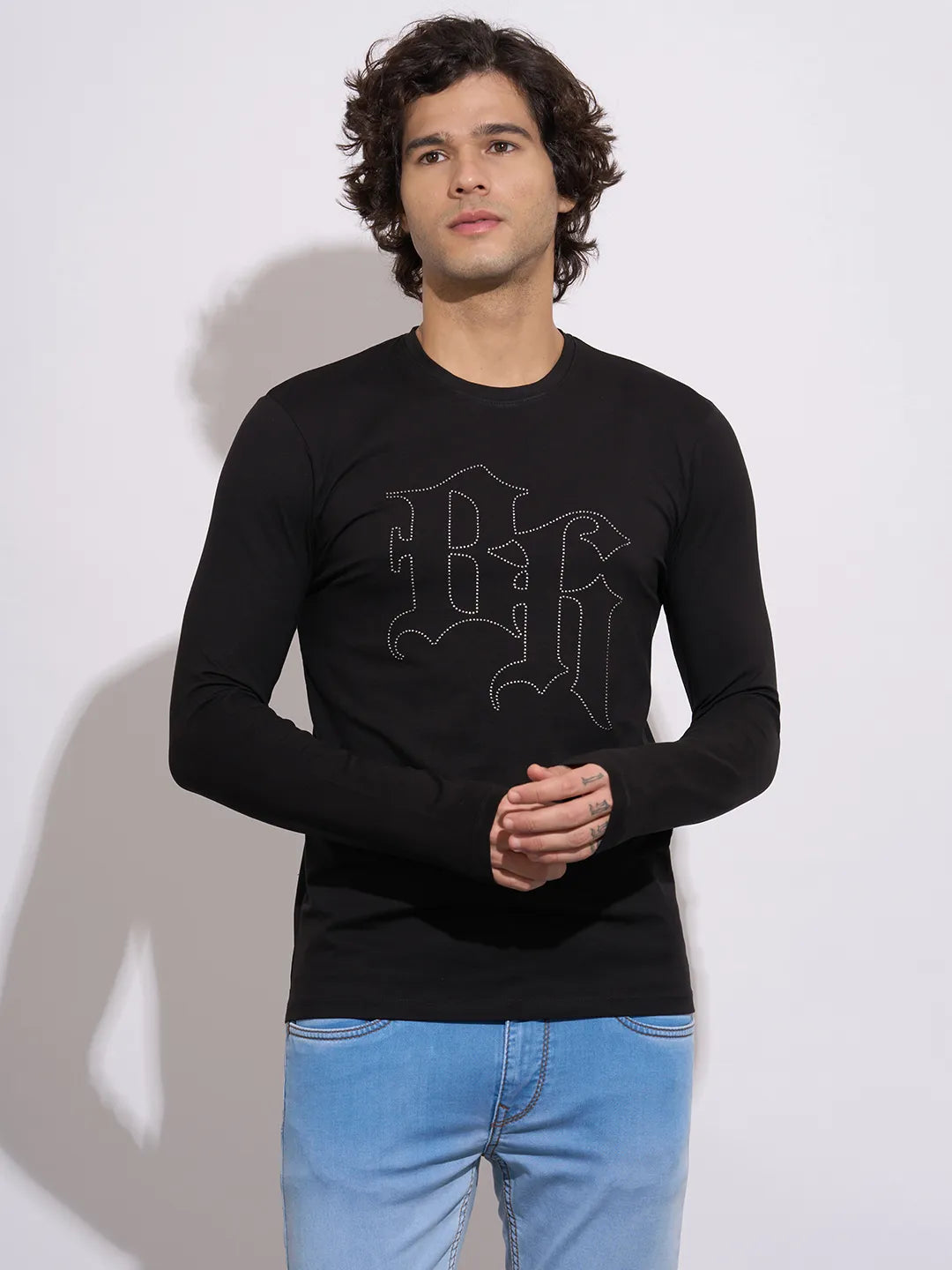 Being Human Men's Black Embellished  Logo Full Sleeve T-Shirt