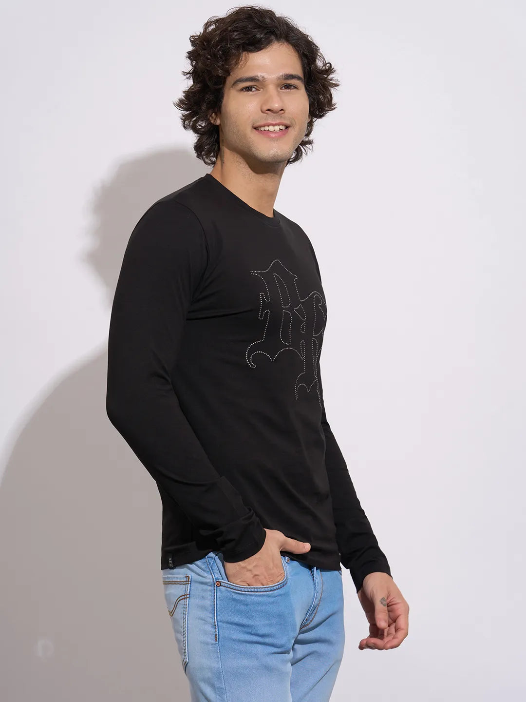 Being Human Men's Black Embellished  Logo Full Sleeve T-Shirt