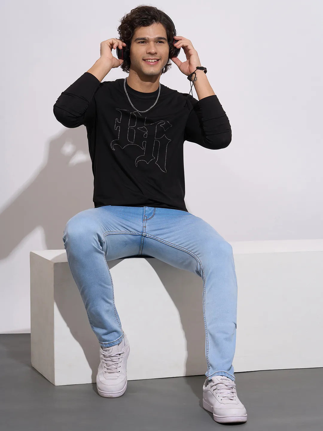 Being Human Men's Black Embellished  Logo Full Sleeve T-Shirt