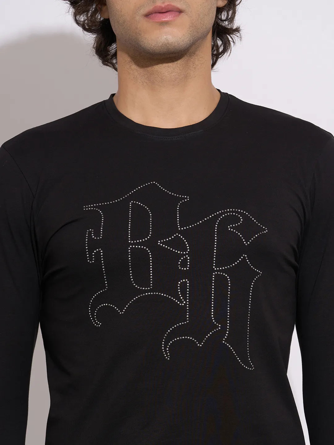 Being Human Men's Black Embellished  Logo Full Sleeve T-Shirt