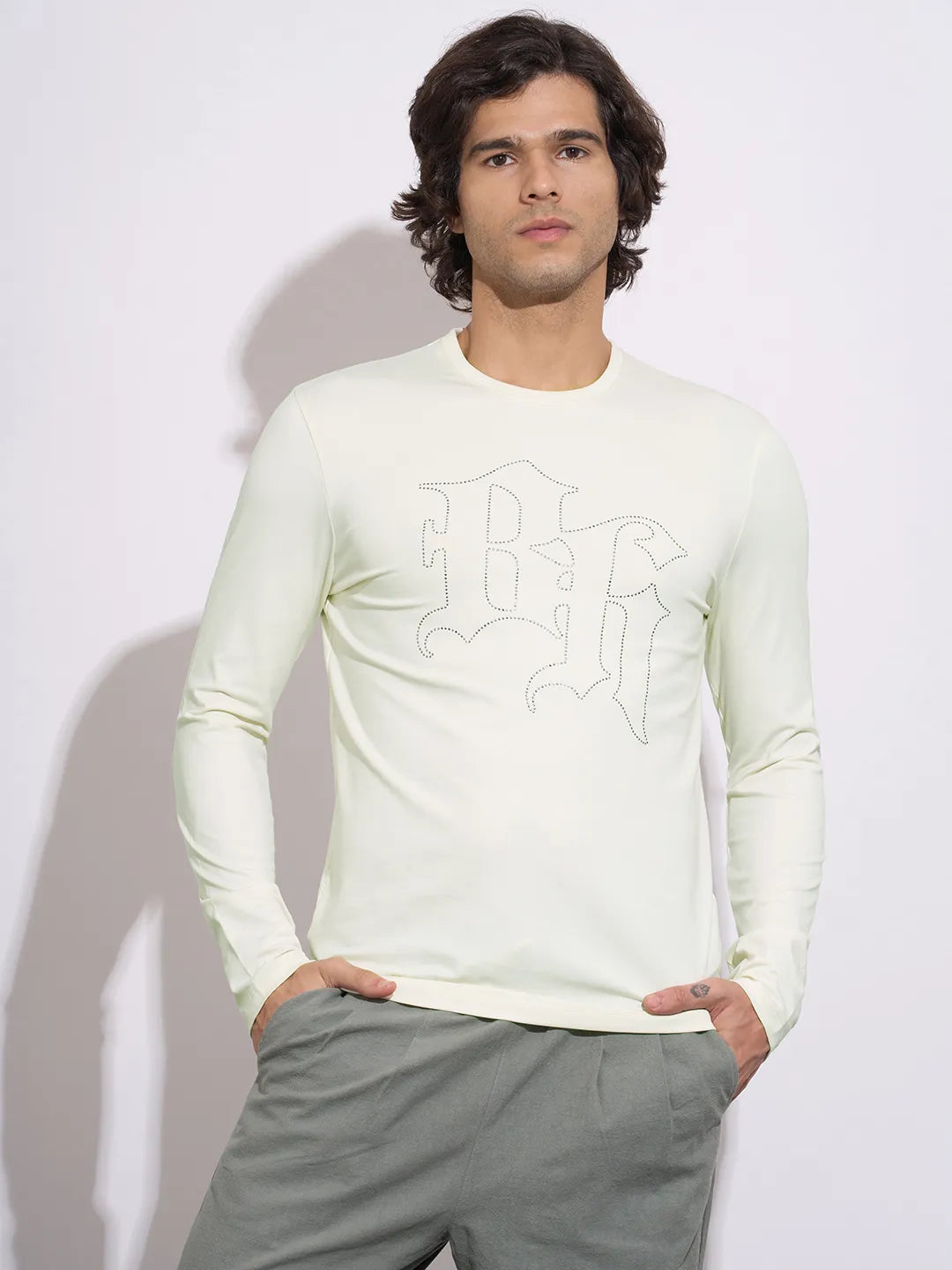 Being Human Men's Off-White Embellished Logo Full Sleeve T-Shirt