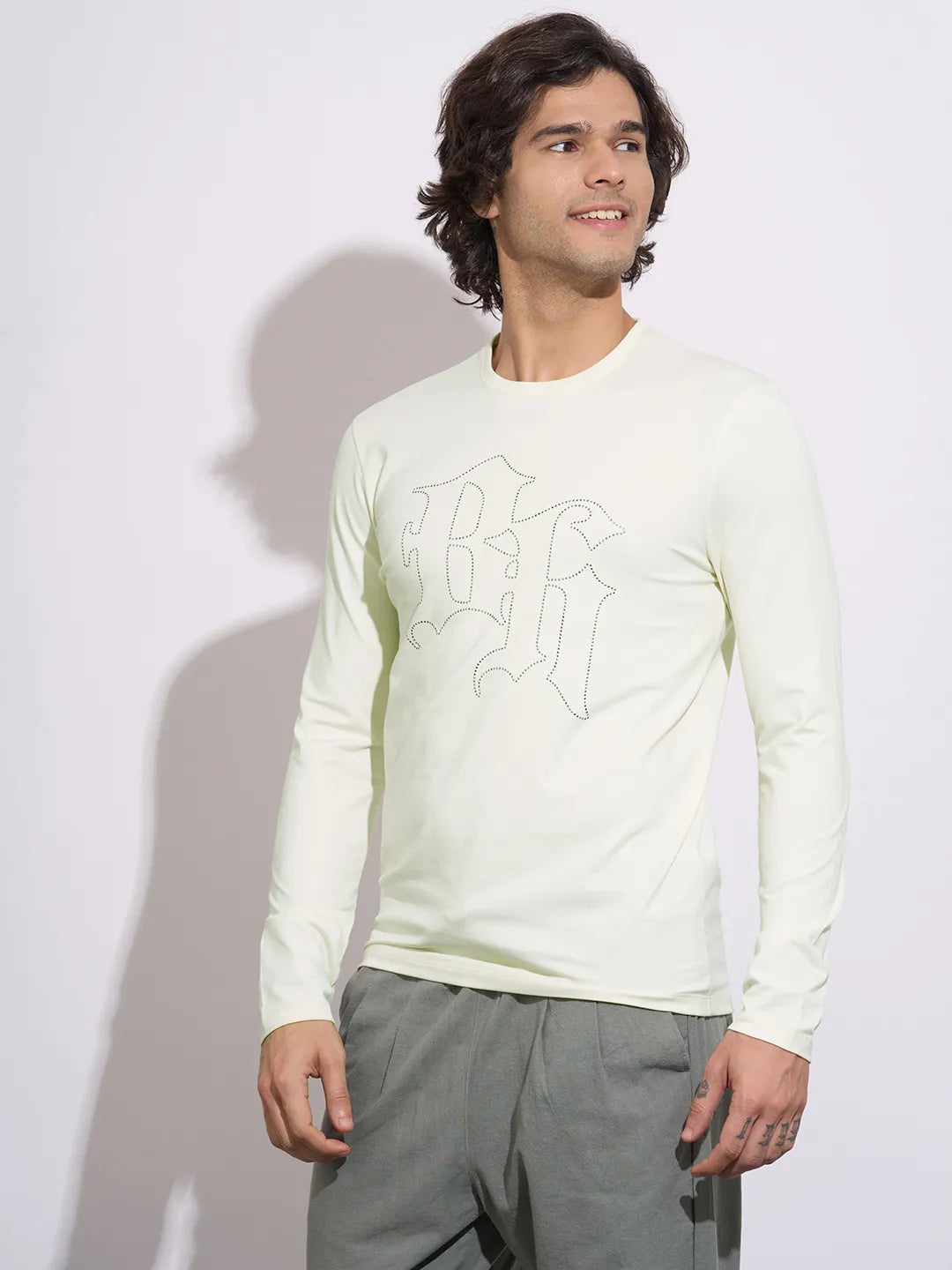 Being Human Men's Off-White Embellished Logo Full Sleeve T-Shirt