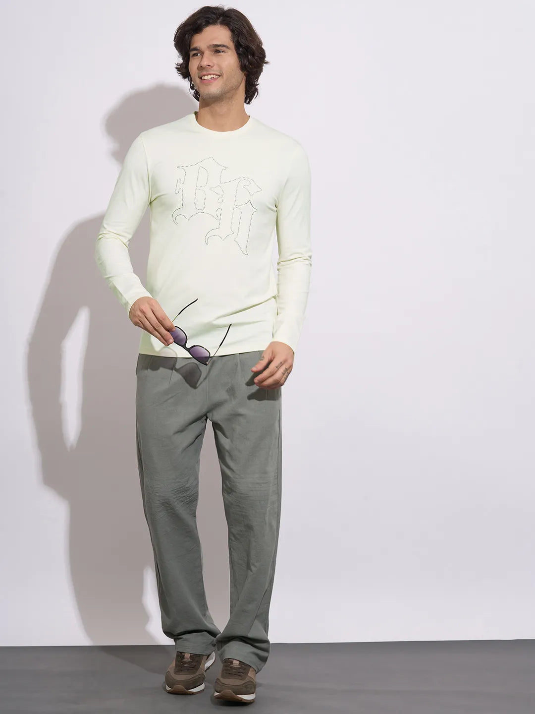 Being Human Men's Off-White Embellished Logo Full Sleeve T-Shirt