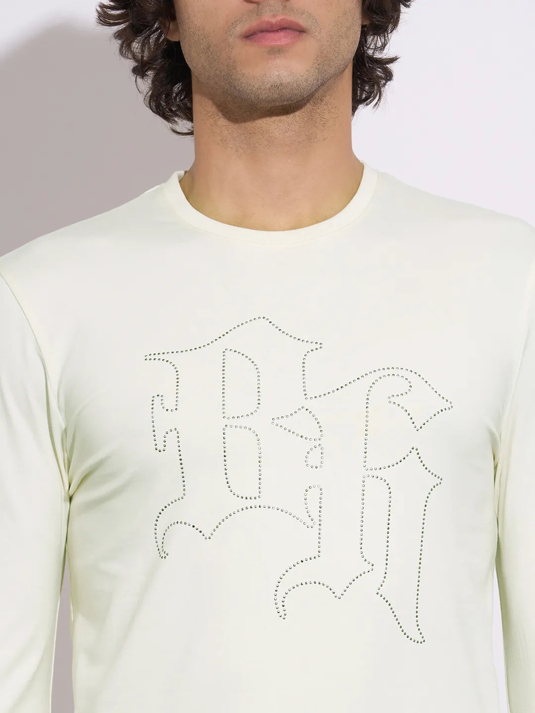 Being Human Men's Off-White Embellished Logo Full Sleeve T-Shirt