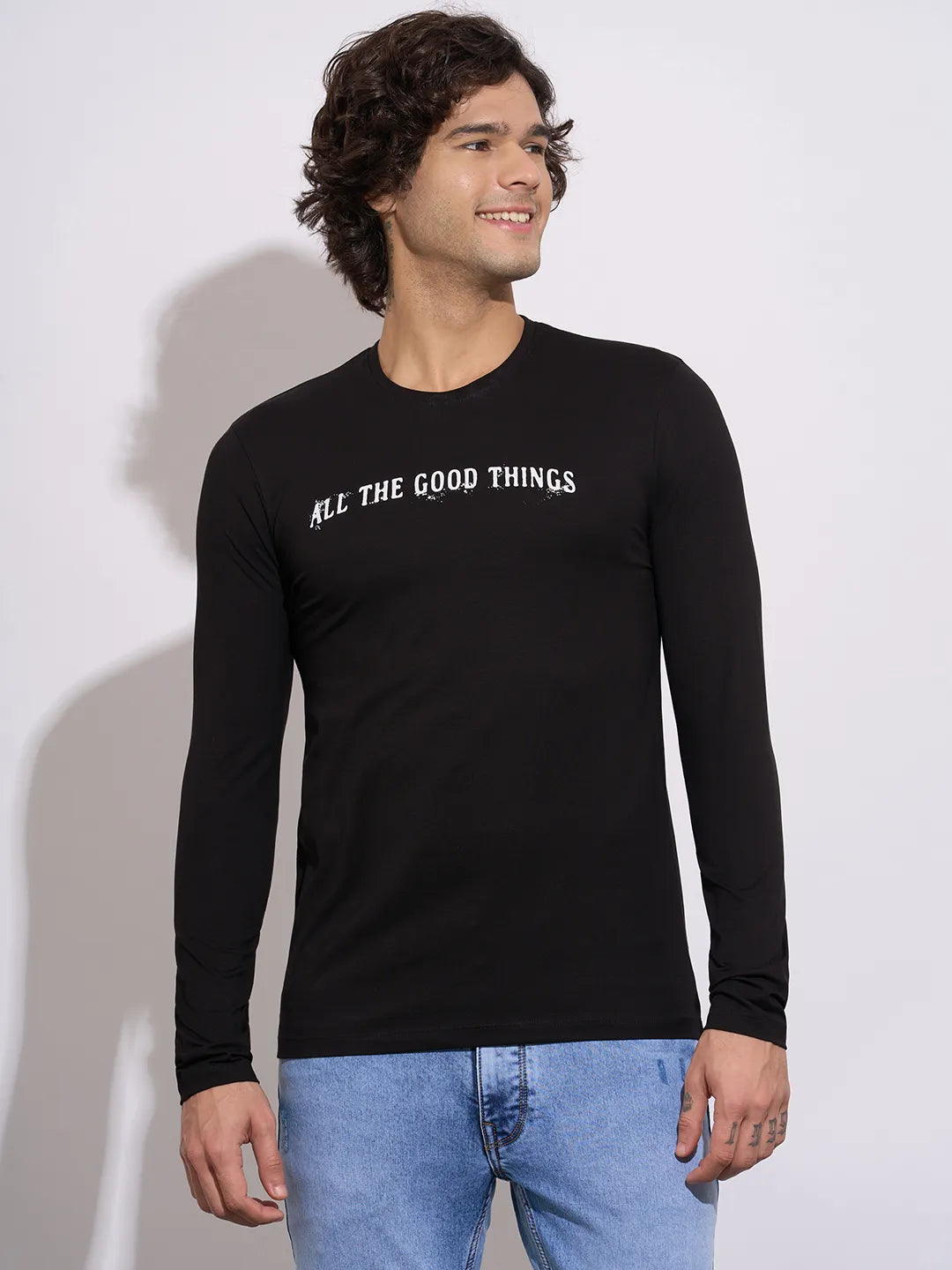 Men's Black Graphic Print Full Sleeve Crew Neck T-Shirt by Being Human Clothing